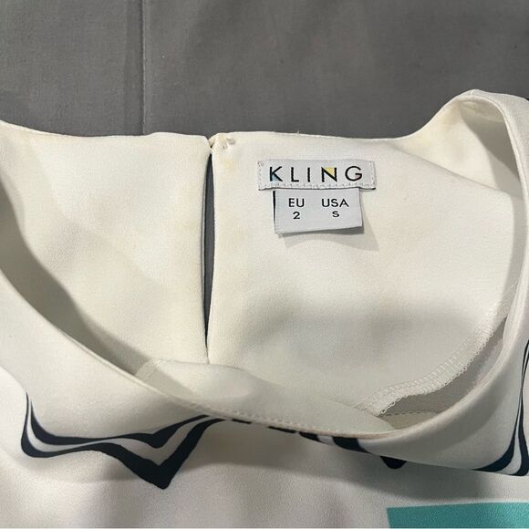 Kling White Stylized Printed Collared Short Sleeve Blouse Size Small - Picture 4 of 5